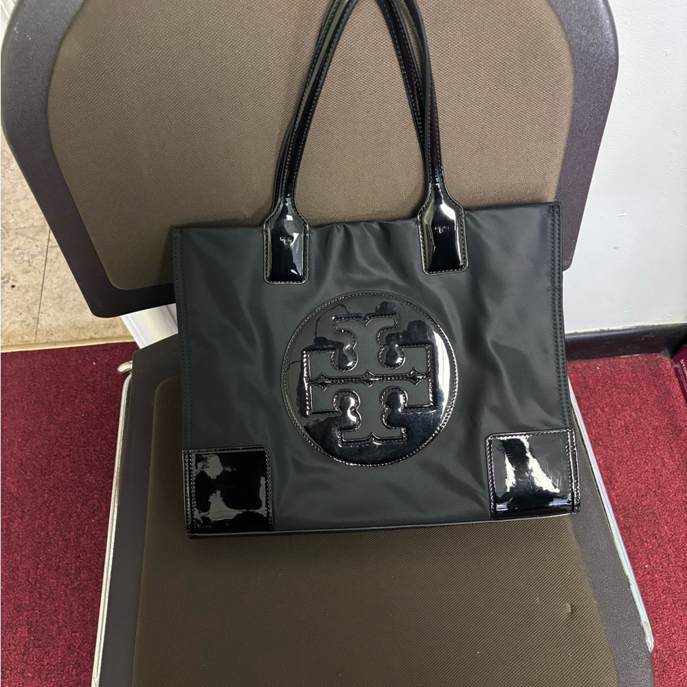 Patent and nylon tote bag